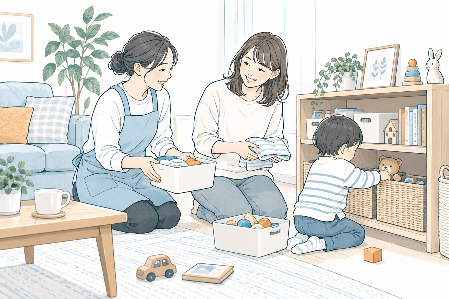 女性のサポーターと親子が一緒に整理収納するイメージイラスト