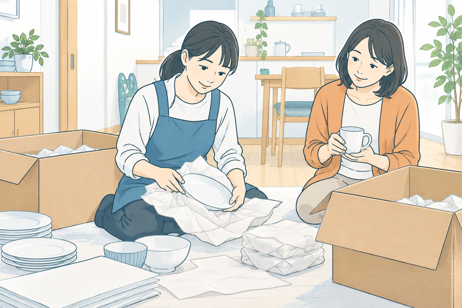 撮影イメージの仮イラスト:女性スタッフがお客様と確認しながら食器を梱包する